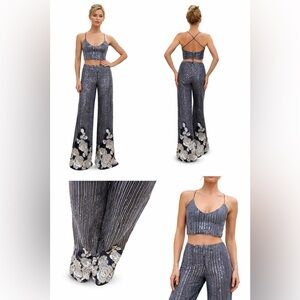 Elegant Blue and White Bedazzled Floral Pants and matching crop top